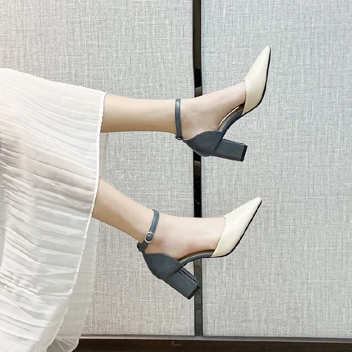 Baotou fashion sandals women 2024 new spring and autumn all-match chunky heel single shoes pointed high heels cross-border