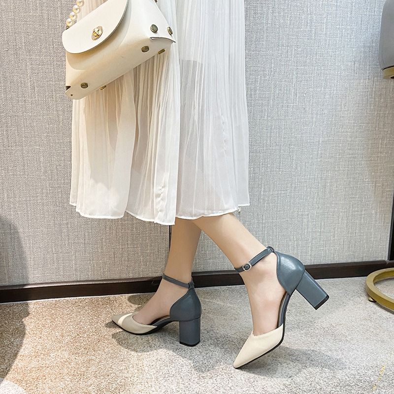 Baotou fashion sandals women 2024 new spring and autumn all-match chunky heel single shoes pointed high heels cross-border