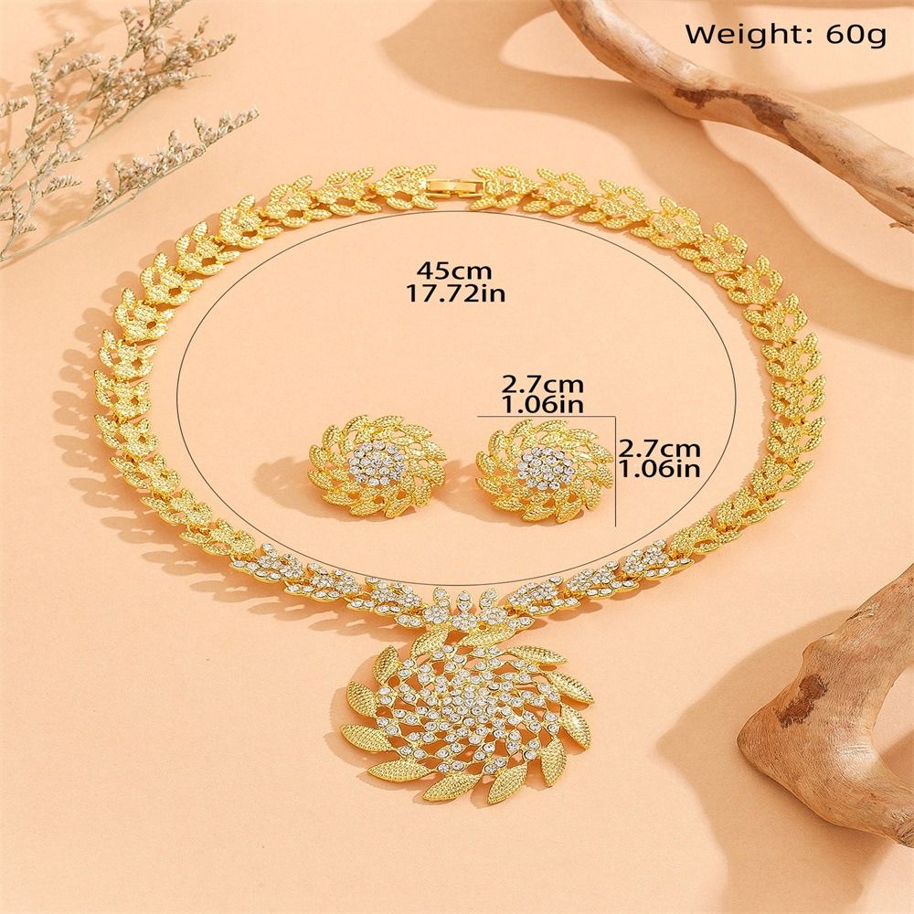 Africa Europe 2025 New Hot Fashion Exquisite Gold Diamond Necklace Earrings Set Ladies Bridal Party Jewelry Set Sun Noble Gold Dress Earrings Accessories Pearl Ginkgo Leaf Brushed Earrings Necklace