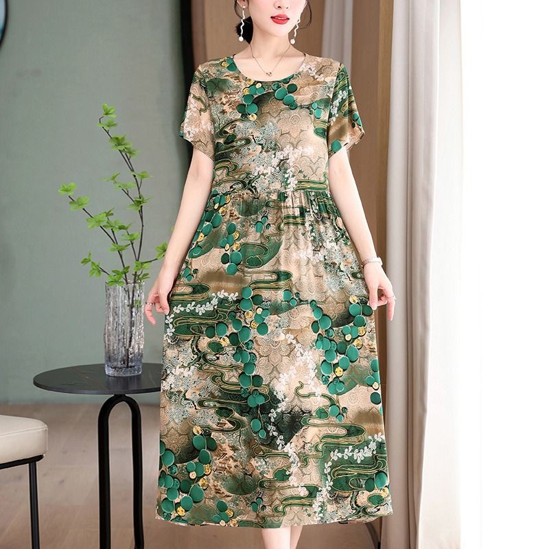 Africa Fashion Printed Dress 2025 Summer Dress New Over Knee Skirt Waist Slimming Long Loose Cotton Silk Skirt Floral Pattern Printing Process 3D Pattern Temperament Elegant Style,perame