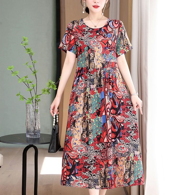 Africa Fashion Printed Dress 2025 Summer Dress New Over Knee Skirt Waist Slimming Long Loose Cotton Silk Skirt Floral Pattern Printing Process 3D Pattern Temperament Elegant Style,perame