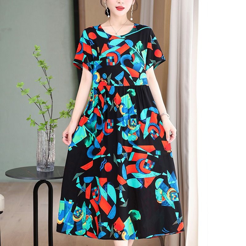 Africa Fashion Printed Dress 2025 Summer Dress New Over Knee Skirt Waist Slimming Long Loose Cotton Silk Skirt Floral Pattern Printing Process 3D Pattern Temperament Elegant Style,perame