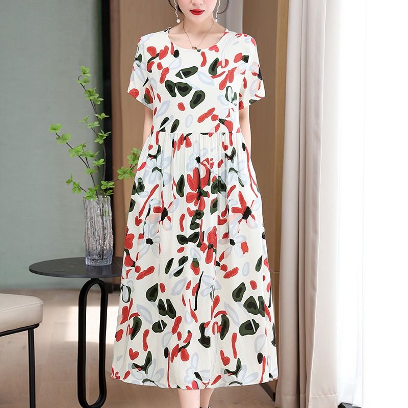 Africa Fashion Printed Dress 2025 Summer Dress New Over Knee Skirt Waist Slimming Long Loose Cotton Silk Skirt Floral Pattern Printing Process 3D Pattern Temperament Elegant Style,perame