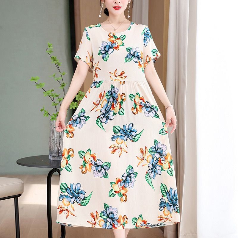 Africa Fashion Printed Dress 2025 Summer Dress New Over Knee Skirt Waist Slimming Long Loose Cotton Silk Skirt Floral Pattern Printing Process 3D Pattern Temperament Elegant Style,perame