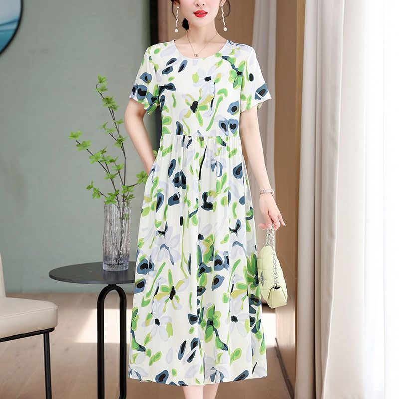 Africa Fashion Printed Dress 2025 Summer Dress New Over Knee Skirt Waist Slimming Long Loose Cotton Silk Skirt Floral Pattern Printing Process 3D Pattern Temperament Elegant Style,perame