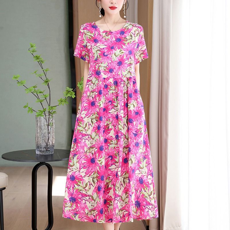 Africa Fashion Printed Dress 2025 Summer Dress New Over Knee Skirt Waist Slimming Long Loose Cotton Silk Skirt Floral Pattern Printing Process 3D Pattern Temperament Elegant Style,perame