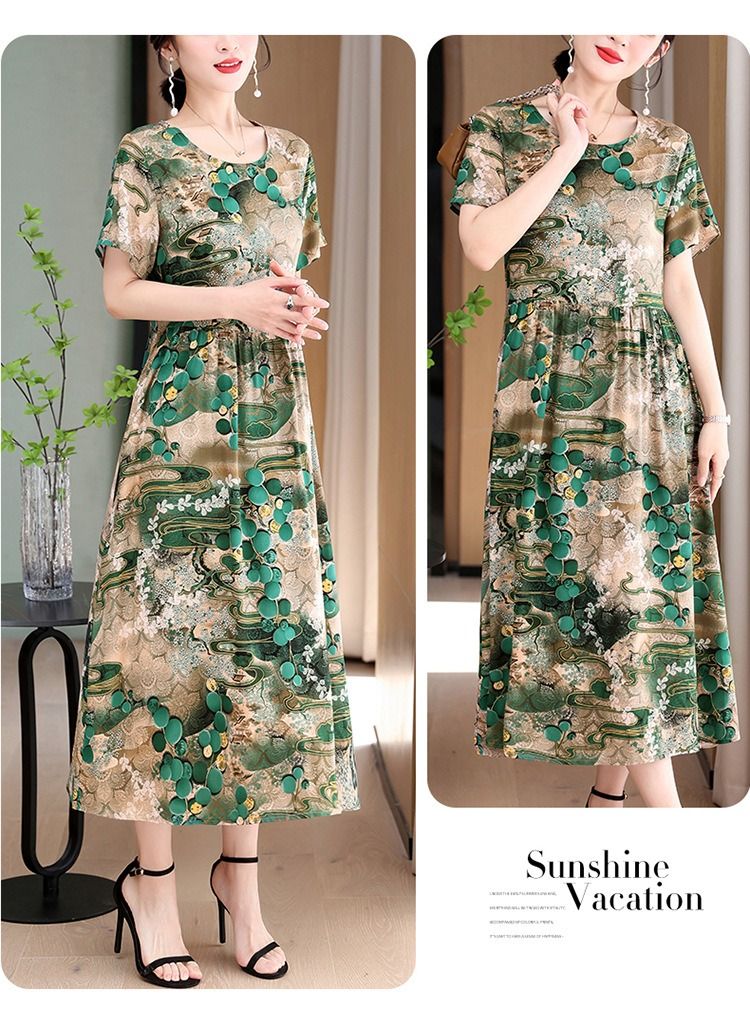 Africa Fashion Printed Dress 2025 Summer Dress New Over Knee Skirt Waist Slimming Long Loose Cotton Silk Skirt Floral Pattern Printing Process 3D Pattern Temperament Elegant Style,perame