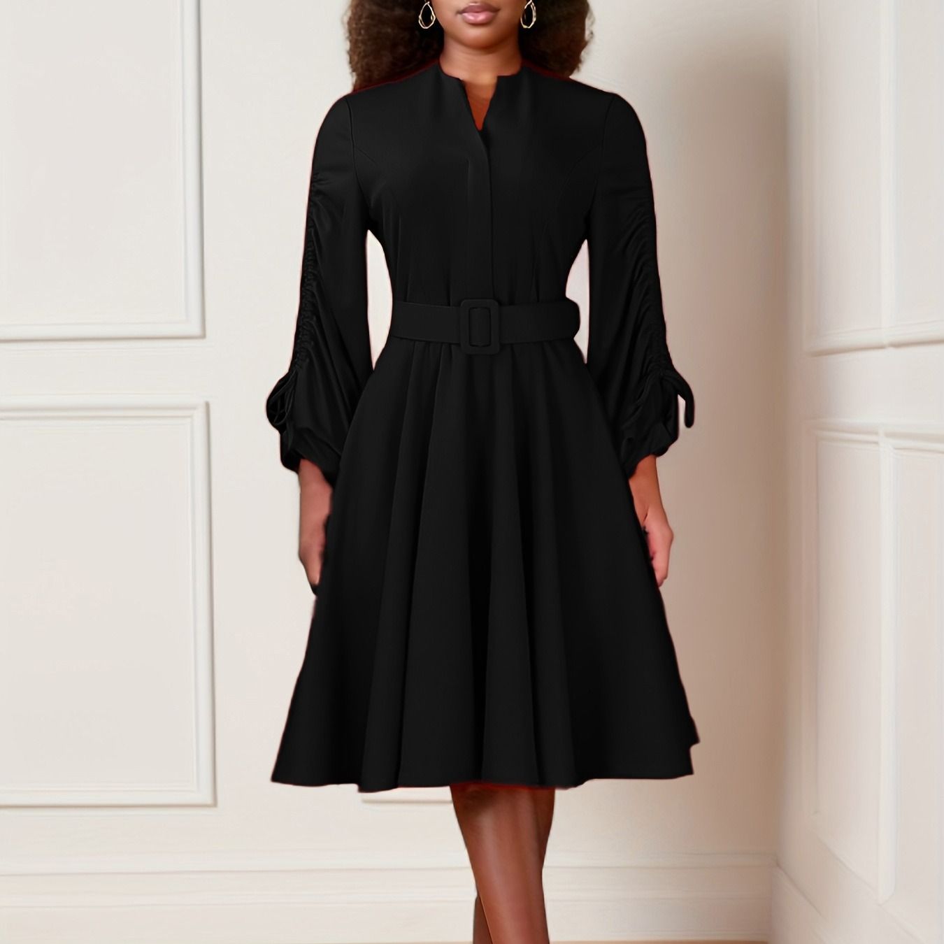 Spring and Autumn 2025 Africa Europe America D471 Women's New Fashion V-neck Draw Rope Fold Skirt Elegant Large-size Dress Pleating Craft Long Sleeve Umbrella Skirt Elegant Style,