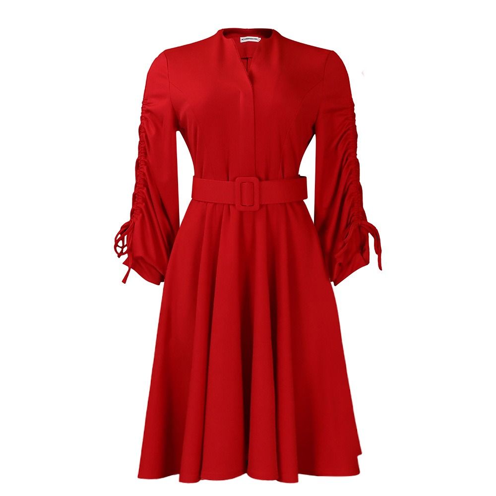 Spring and Autumn 2025 Africa Europe America D471 Women's New Fashion V-neck Draw Rope Fold Skirt Elegant Large-size Dress Pleating Craft Long Sleeve Umbrella Skirt Elegant Style,