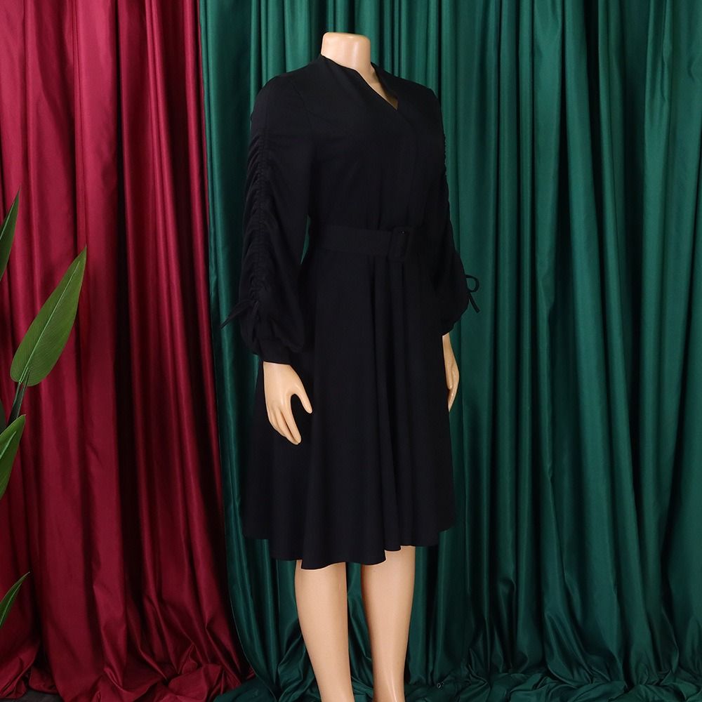 Spring and Autumn 2025 Africa Europe America D471 Women's New Fashion V-neck Draw Rope Fold Skirt Elegant Large-size Dress Pleating Craft Long Sleeve Umbrella Skirt Elegant Style,