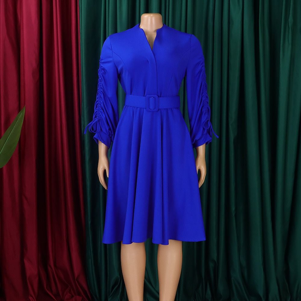 Spring and Autumn 2025 Africa Europe America D471 Women's New Fashion V-neck Draw Rope Fold Skirt Elegant Large-size Dress Pleating Craft Long Sleeve Umbrella Skirt Elegant Style,