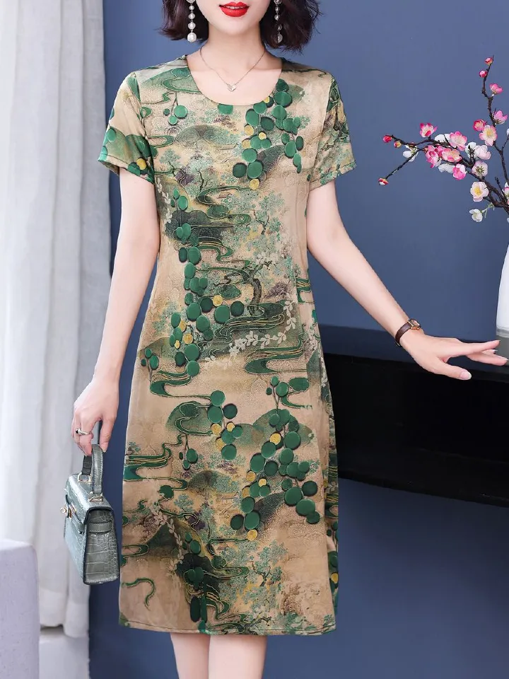 Africa Fashion Printed Dress 2025 Summer Dress New Over Knee Skirt Waist Slimming Long Loose Cotton Silk Skirt Floral Pattern Printing Process 3D Pattern Temperament Elegant Style,perame