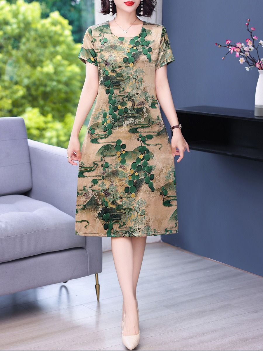 Africa Fashion Printed Dress 2025 Summer Dress New Over Knee Skirt Waist Slimming Long Loose Cotton Silk Skirt Floral Pattern Printing Process 3D Pattern Temperament Elegant Style,perame