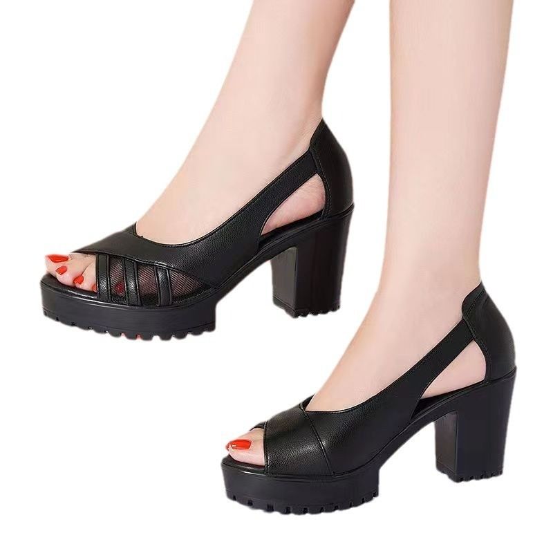 New cross-border summer women's shoes, retro ethnic style, fish-mouthed Roman openwork sandals, thick heel sleeves/set shoes for middle-aged and elderly mothers