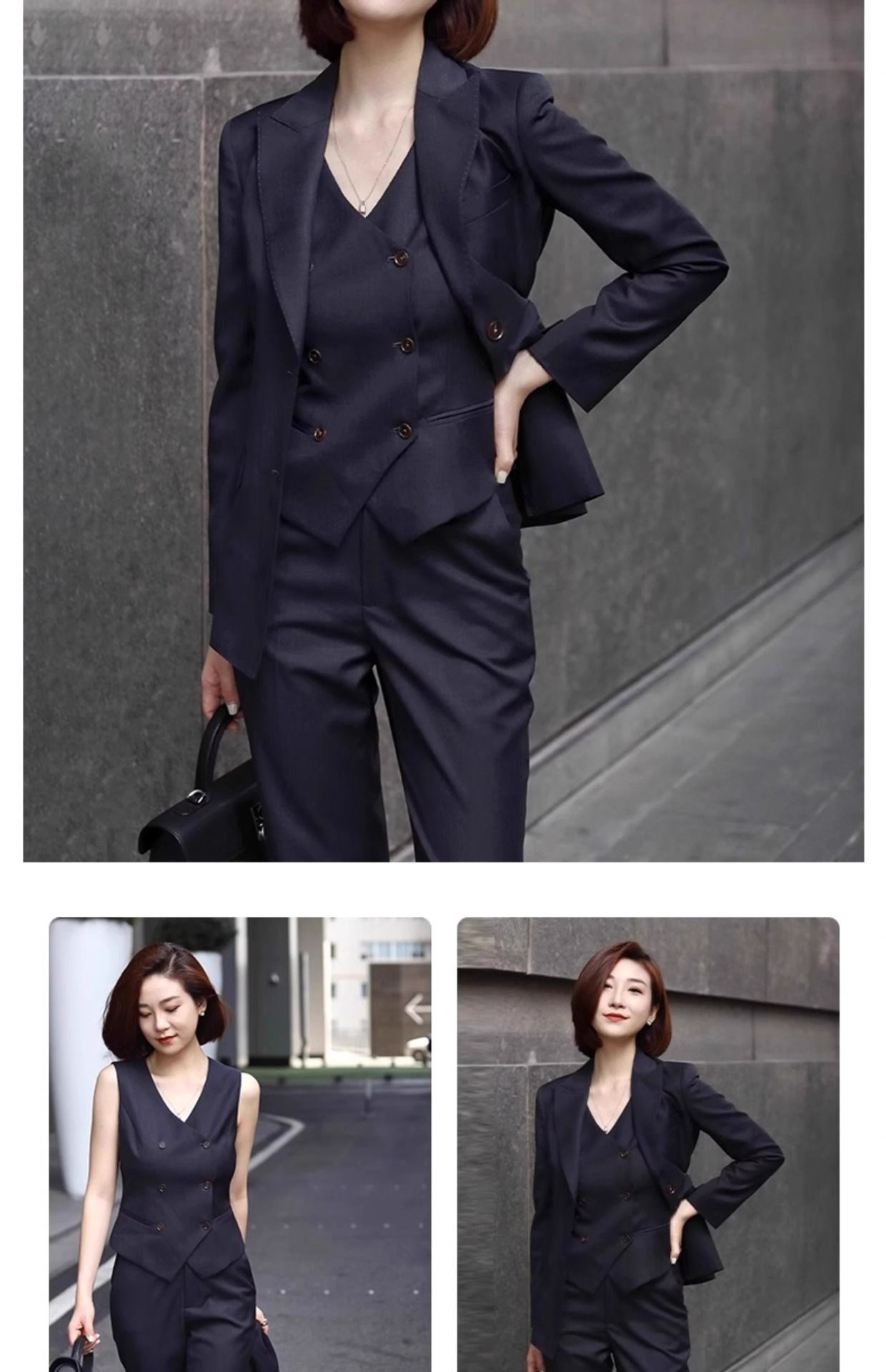 2025 African European Navy Blue Suit Jacket Three-piece Set Lecturer Host Professional Commuting Business Interview Outfit Women's Suit Set Good Texture Comfortable Casual Gatherings Elegant Style