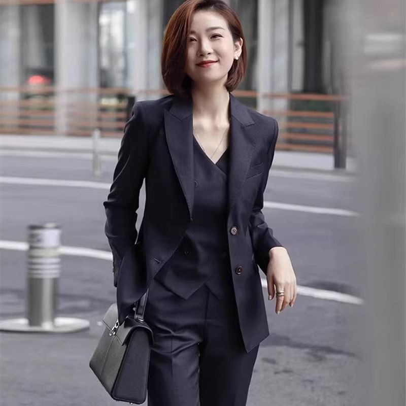 2025 African European Navy Blue Suit Jacket Three-piece Set Lecturer Host Professional Commuting Business Interview Outfit Women's Suit Set Good Texture Comfortable Casual Gatherings Elegant Style