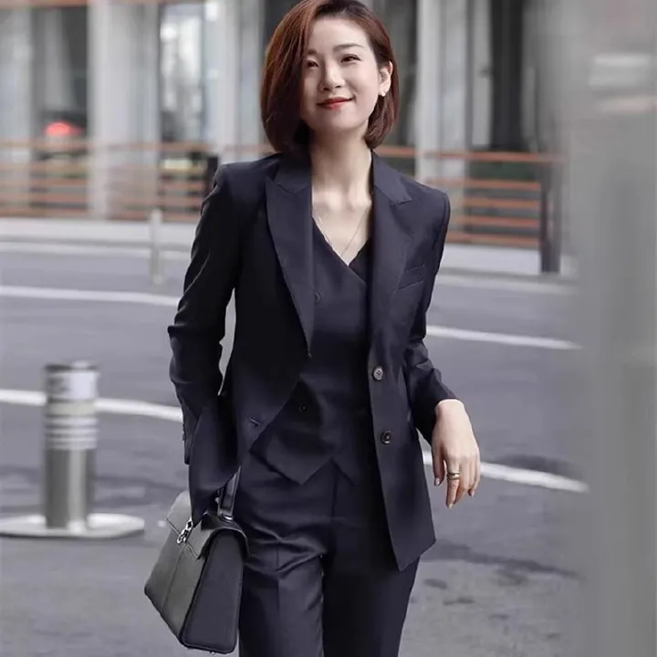 2025 African European Navy Blue Suit Jacket Three-piece Set Lecturer Host Professional Commuting Business Interview Outfit Women's Suit Set Good Texture Comfortable Casual Gatherings Elegant Style