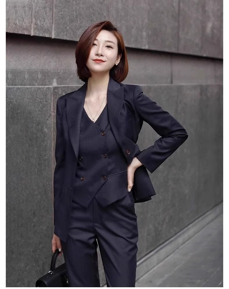 2025 African European Navy Blue Suit Jacket Three-piece Set Lecturer Host Professional Commuting Business Interview Outfit Women's Suit Set Good Texture Comfortable Casual Gatherings Elegant Style