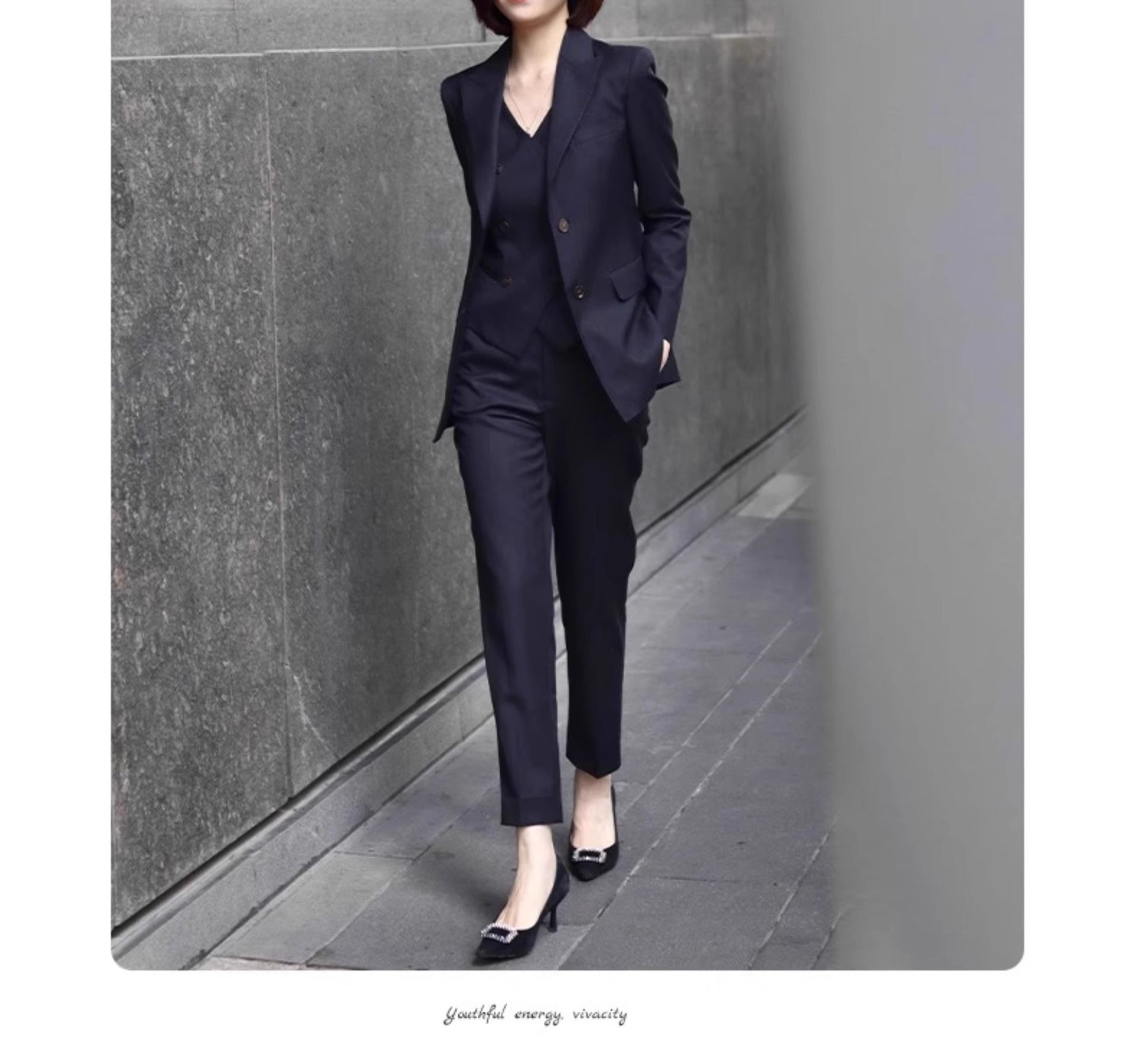 2025 African European Navy Blue Suit Jacket Three-piece Set Lecturer Host Professional Commuting Business Interview Outfit Women's Suit Set Good Texture Comfortable Casual Gatherings Elegant Style