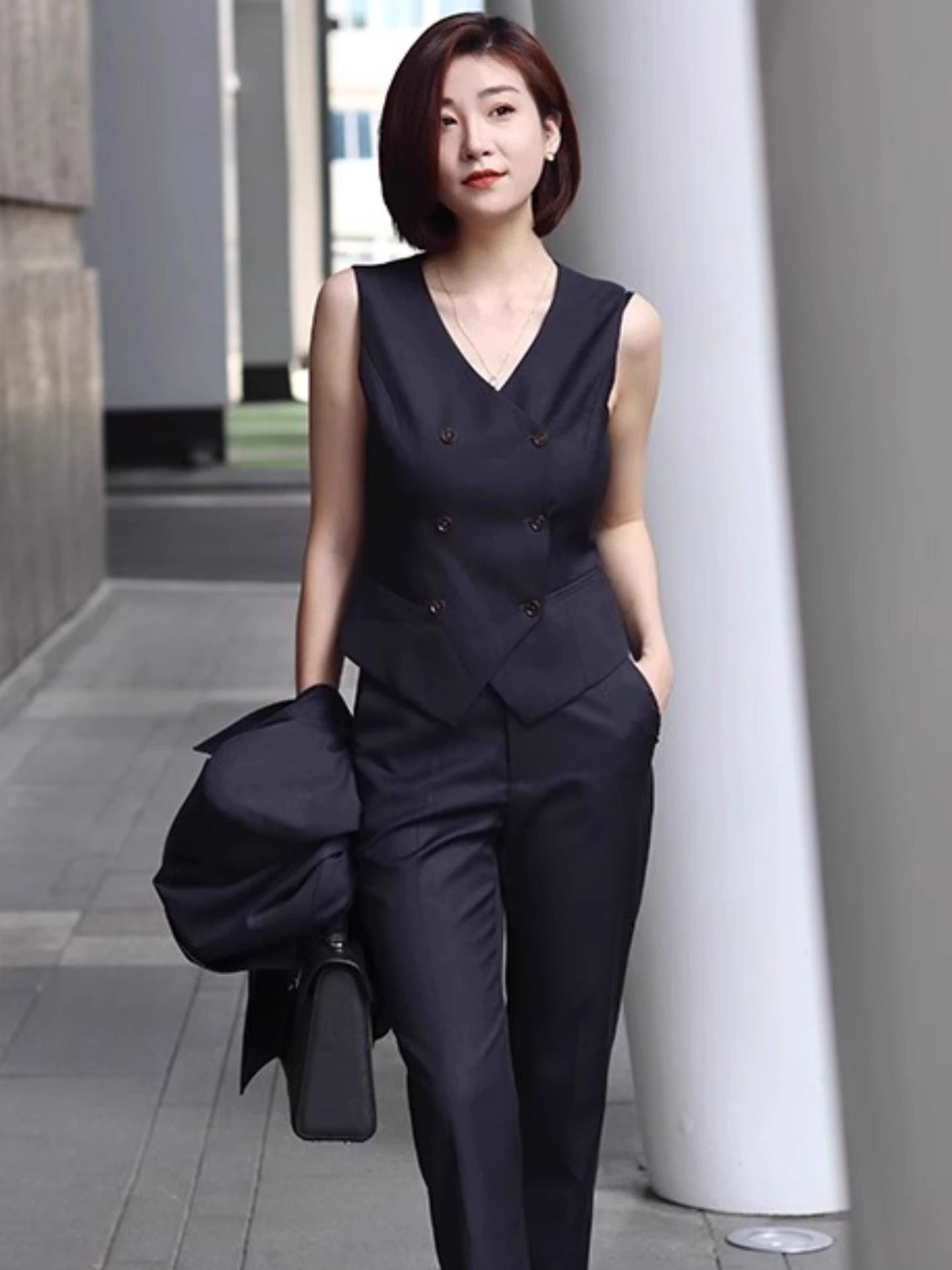 2025 African European Navy Blue Suit Jacket Three-piece Set Lecturer Host Professional Commuting Business Interview Outfit Women's Suit Set Good Texture Comfortable Casual Gatherings Elegant Style