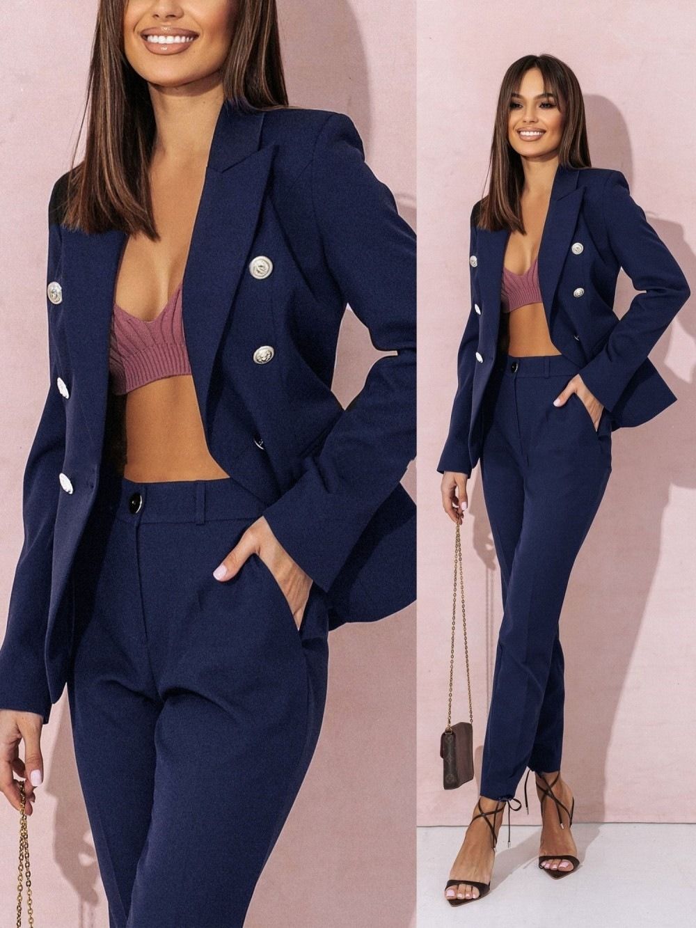 Spring 2025 Best-selling Women's Professional Suit Set Africa Europe America Amazon Two-button Suit Set Fashionable Elegant Solid Color Pattern Trendy Irregular Designs Patchwork Elements Modern Style
