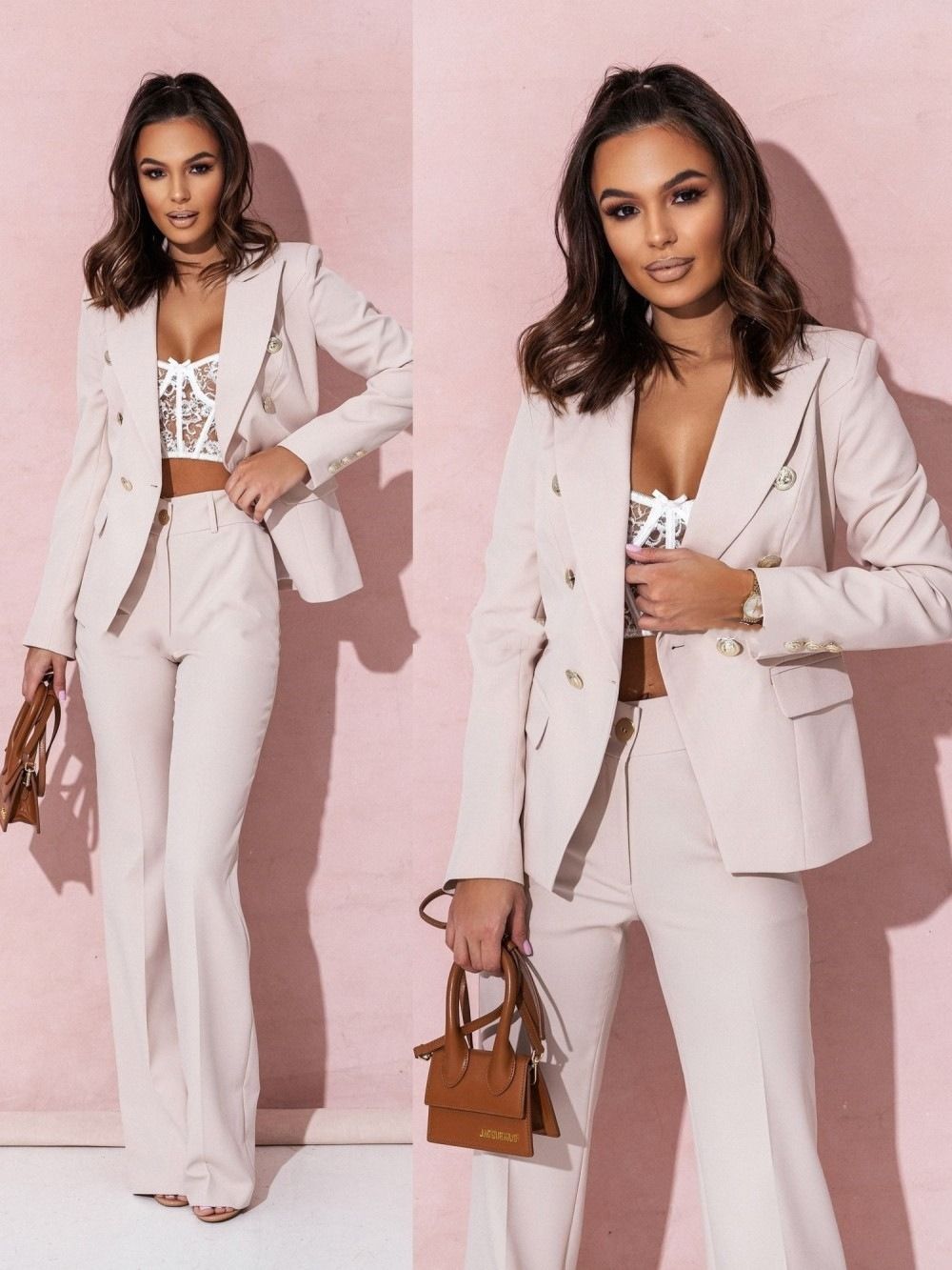 Spring 2025 Best-selling Women's Professional Suit Set Africa Europe America Amazon Two-button Suit Set Fashionable Elegant Solid Color Pattern Trendy Irregular Designs Patchwork Elements Modern Style