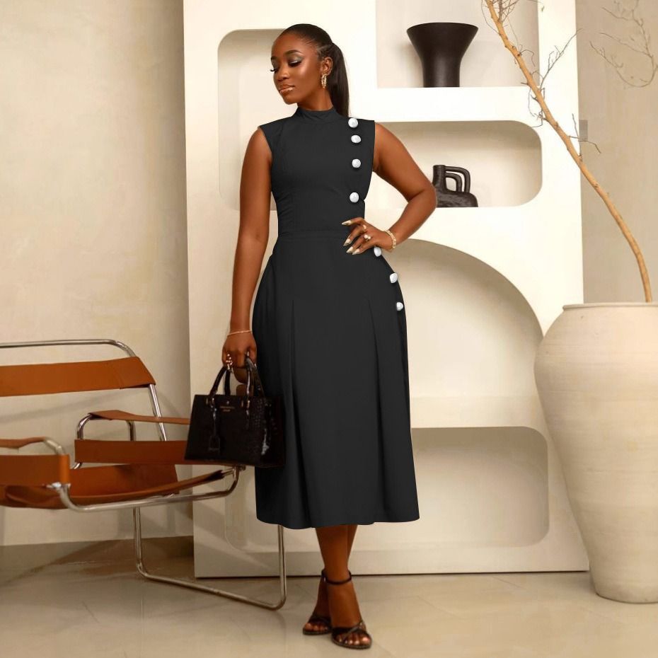 African European American 2025 Spring-Autumn S10993 Elegant Style A-line Neckline Sleeveless Button Decorated Dress Solid Color Pattern Mid-waist Semi-V-neck Fashionable Daily Wear Style