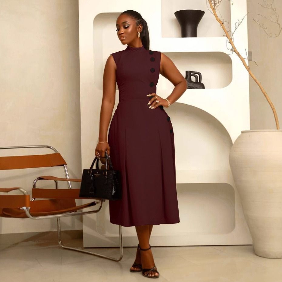 African European American 2025 Spring-Autumn S10993 Elegant Style A-line Neckline Sleeveless Button Decorated Dress Solid Color Pattern Mid-waist Semi-V-neck Fashionable Daily Wear Style
