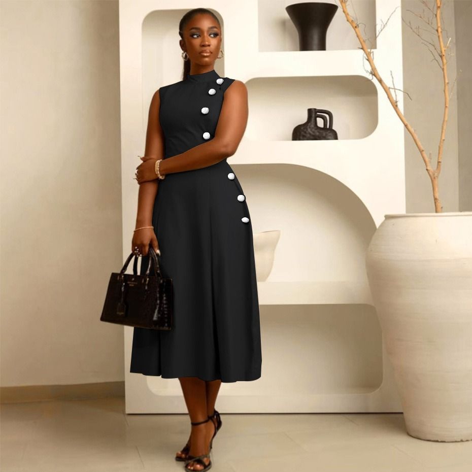 African European American 2025 Spring-Autumn S10993 Elegant Style A-line Neckline Sleeveless Button Decorated Dress Solid Color Pattern Mid-waist Semi-V-neck Fashionable Daily Wear Style