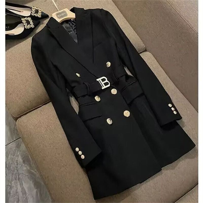 High-end Flashy Women's Mid-length Coat Blazer 2026New Style African European Spring-autumn Elegant British Style Single-button Windbreaker Trend Three Double-breasted Buttons Patchwork Technique