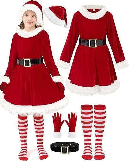 2025 African European American New Christmas Clothing Santa Claus Girl Dress for Children Mrs. Claus Costume Stage Wear Christmas Tree Dress Long-sleeved Dress Christmas Stage Performance Clothing
