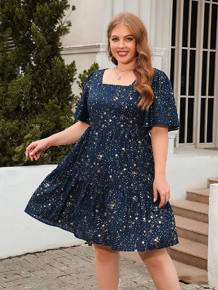 African European American Amazon 2026 Foil Stamping Printing Casual & Loose-fitting Dress Cocktail Party Elegant Dress Plus-size Women's Clothing Printed Fabric Popular Sequin Elements Elegant Style