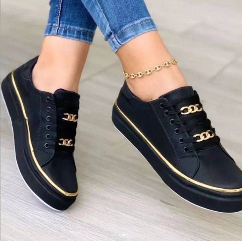 African European American 2026 Spring/Summer Large Size 42 Thick-Tread Chain Sporty Low-Top Lace-Up Closed Toe Casual Women's Leather Shoes Viscose Technology Trendy Metal Sewing Line Elements Fashion