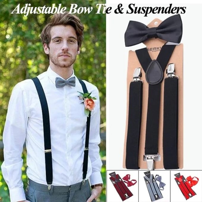 2Pcs Set of Men’s Adjustable Suspenders & Matching Bowtie – Elastic Y-Shape Braces with Strong Metal Clips, Stylish Formal Accessory for Weddings, Parties, Tuxedos & Business Outfits