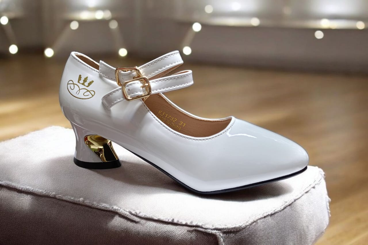 High quality elegant Girls  Mary Jane Dress Shoes with Double Buckle Straps and Gold Block Heel – Stylish Party & Special Occasion Footwear size 31 to 36