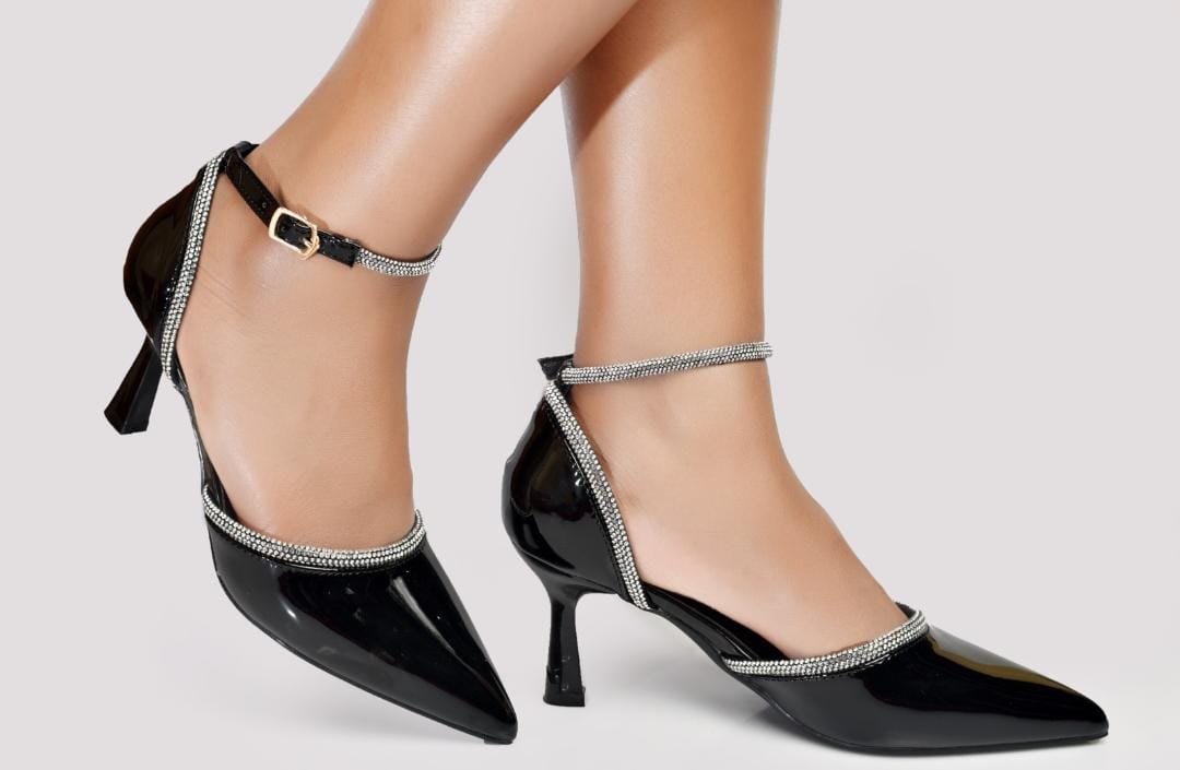 Women’s red Mirror Pointed-Toe Kitten Heels /short heels with Rhinestone Ankle Strap – Elegant Party, Wedding & Evening Dress Shoes