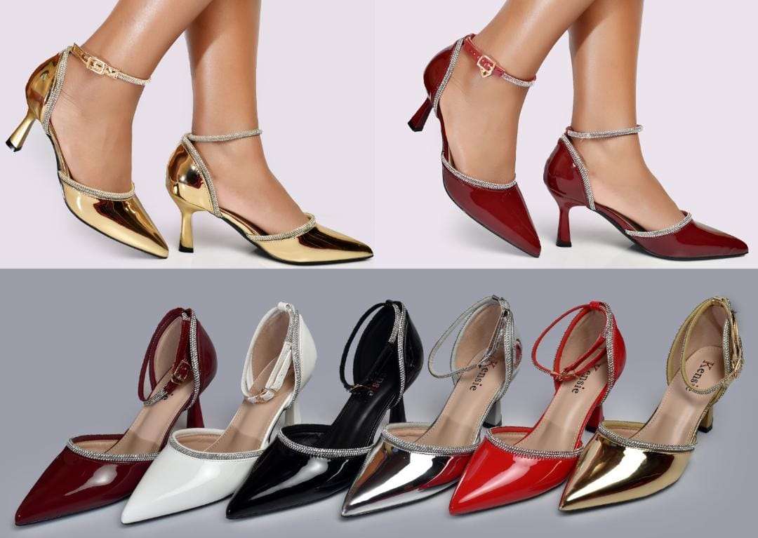 Women’s red Mirror Pointed-Toe Kitten Heels /short heels with Rhinestone Ankle Strap – Elegant Party, Wedding & Evening Dress Shoes