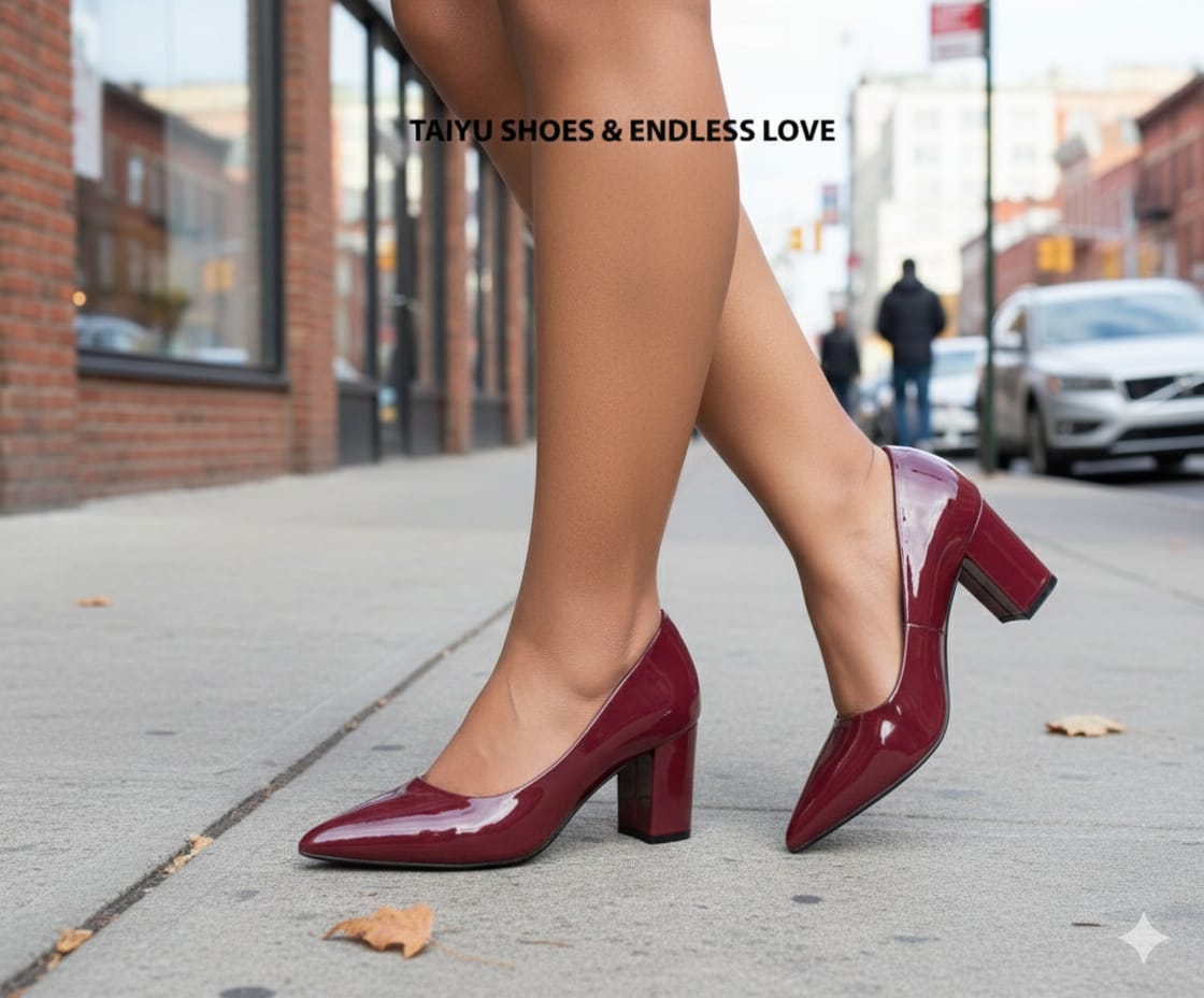 High quality Women’s red wine Patent Leather Pointed-Toe medium high Block Heels – comfortable, anti slip, Elegant Office, Party & Formal Wear Classic Pumps