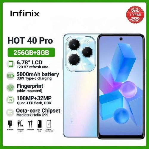 Infinix Hot 40 Pro,256GB +16GB RAM (8+8GB), 6.78" 120Hz FHD+ WITH magic ring 108MP Tripple AI Camera + 32MP Selfie Camera,33W Fast Charge 5000mAh Battery Dual SIM Helio G99 ultra processor Smartphones