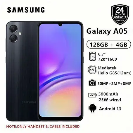 New Arrival Brand New Samsung Galaxy A05 64GB+4GB 50MP Camera 6.7" Android 13 MTK Helio G85 (12nm) 5000mAh 25W Type-C Charge Smart Phones phone