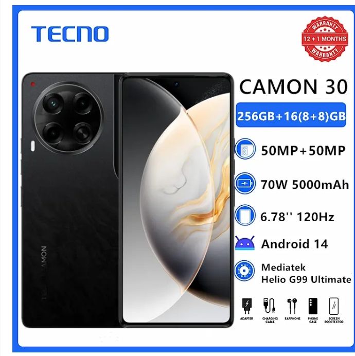 Tecno Camon 30 6.78" 120Hz AMOLED 256GB+16(8+8)GB RAM MTK Helio G99 70W 5000mAh 50MP Dual Speaker Android 14 Dual Sim Smart Phones phone