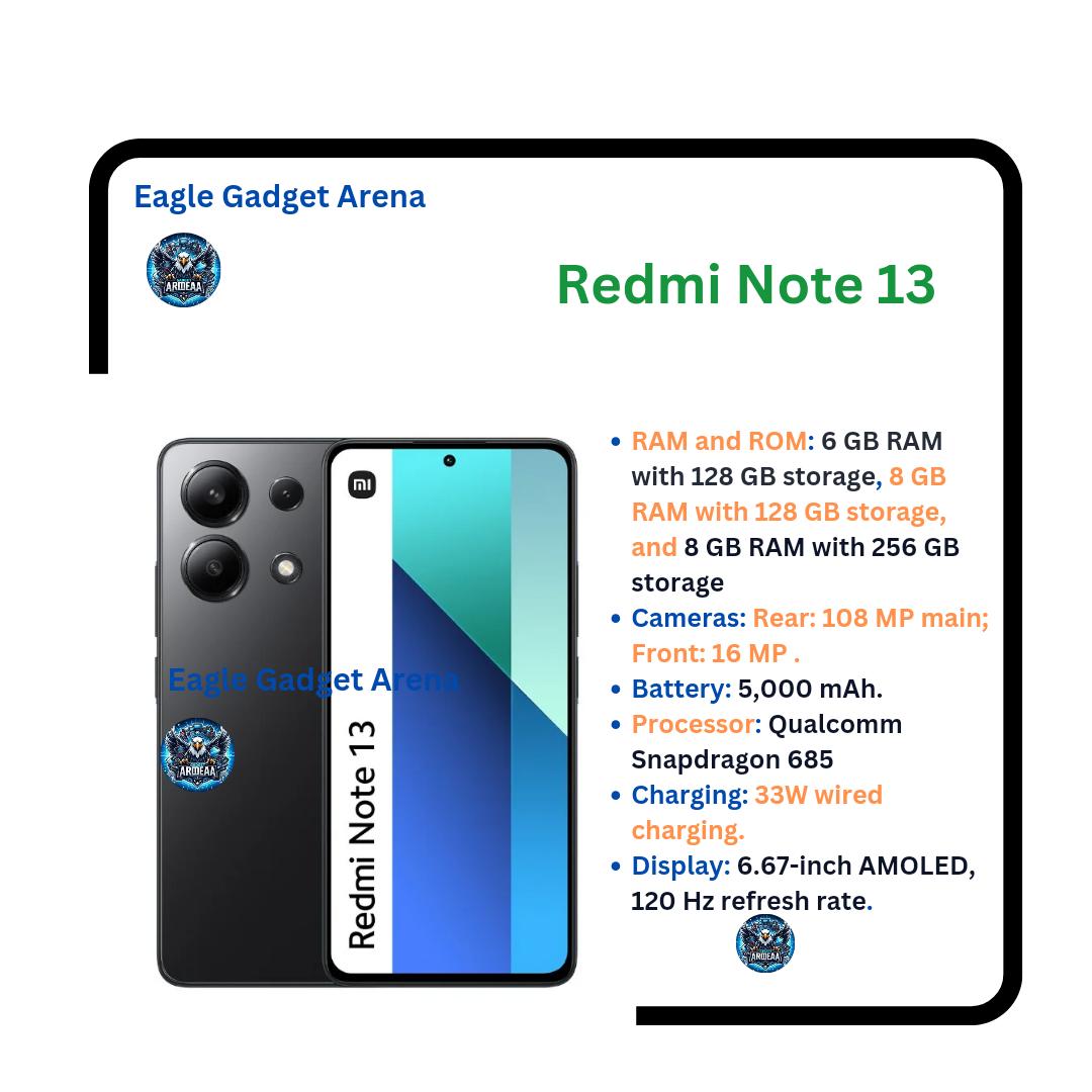 Brand New XIAOMI Redmi Note 13 6GB RAM+128GB 6.67" Display Phones 108MP Camera 5000mAh Battery 33W Charging Android 13 Smart Phones