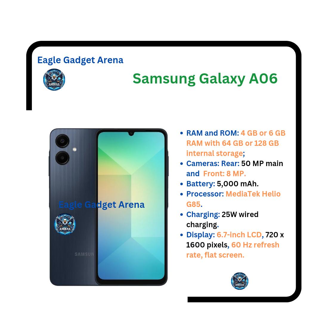New Arrival Samsung Galaxy A06 64GB+4GB 50MP Camera 6.7" 90Hz MTK Helio G85 (12nm) 5000mAh 25W Type-C Charge Android 14 Smart Phones Side Fingerprint Unlock phone