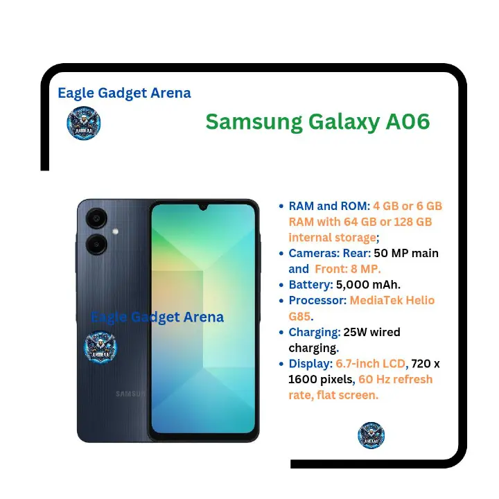 New Arrival Samsung Galaxy A06 64GB+4GB 50MP Camera 6.7" 90Hz MTK Helio G85 (12nm) 5000mAh 25W Type-C Charge Android 14 Smart Phones Side Fingerprint Unlock phone