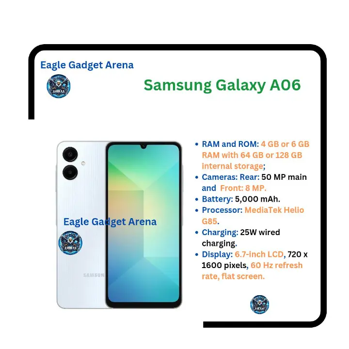 New Arrival Samsung Galaxy A06 128GB+4GB 50MP Camera 6.7" 90Hz MTK Helio G85 (12nm) 5000mAh 25W Type-C Charge Android 14 Smart Phones Side Fingerprint Unlock phone