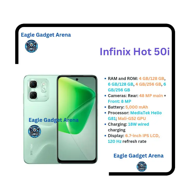 Infinix hot 50i 128GB + 12(6+6)GB 6.7" Screen 5000Mah Battery Capacity with 18W Type-C Charging 48MP Camera Fingerprint Lock Smart Phone