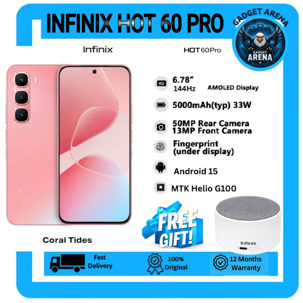 [NEW ARRIVAL OFFER] Infinix Hot 60 Pro 128GB+16(8+8)GB 6.78" 144Hz Screen 4G Phone Dual SIM 5160mAh Battery 45W Charging 50MP Camera Fingerprint Lock Android 15 + FREE GIFT