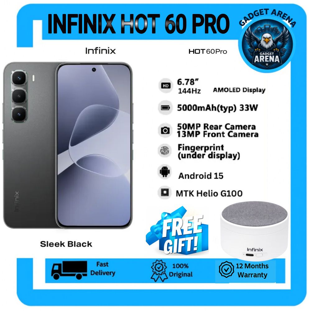 [NEW ARRIVAL OFFER] Infinix Hot 60 Pro 128GB+16(8+8)GB 6.78" 144Hz Screen 4G Phone Dual SIM 5160mAh Battery 45W Charging 50MP Camera Fingerprint Lock Android 15 + FREE GIFT