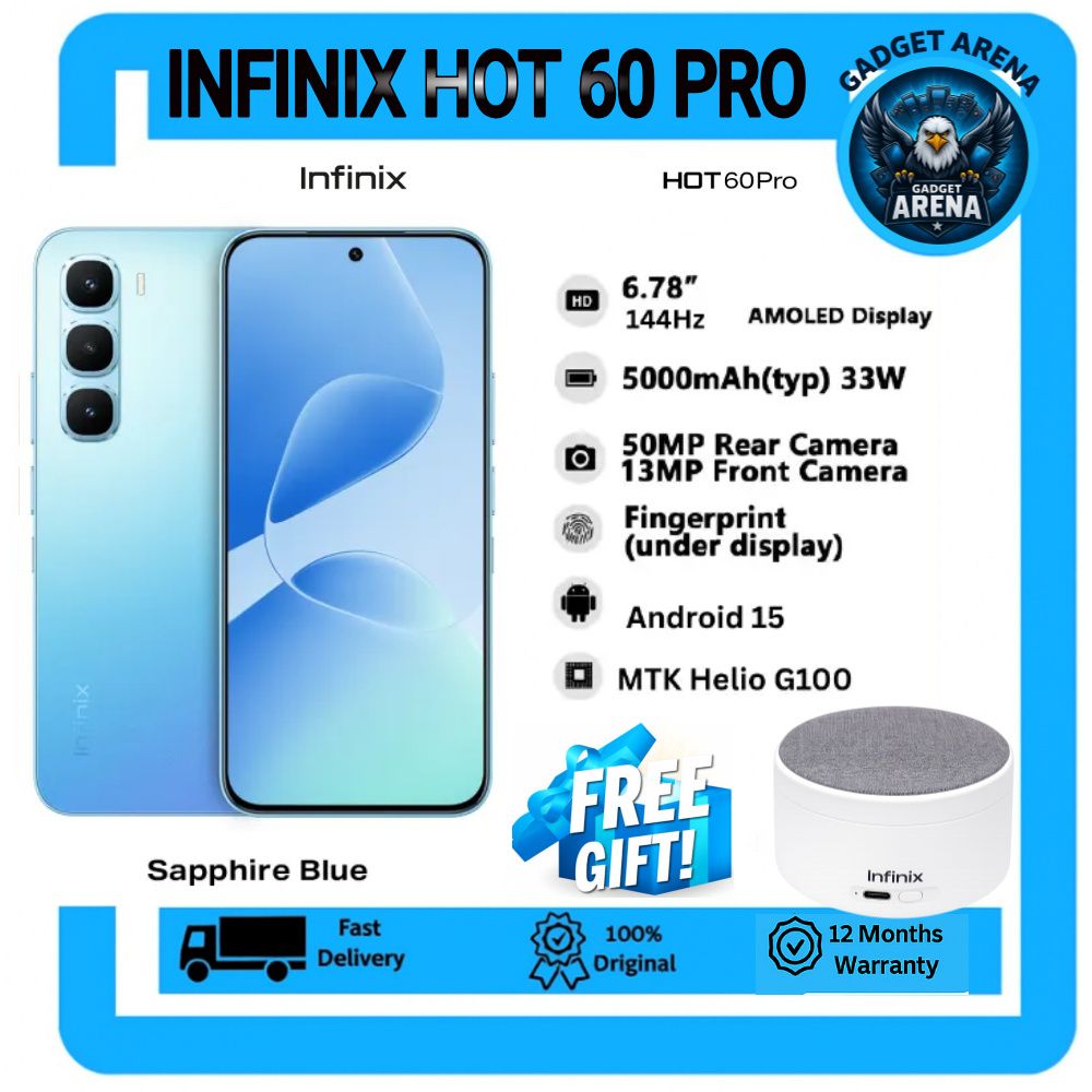 [NEW ARRIVAL OFFER] Infinix Hot 60 Pro 128GB+16(8+8)GB 6.78" 144Hz Screen 4G Phone Dual SIM 5160mAh Battery 45W Charging 50MP Camera Fingerprint Lock Android 15 + FREE GIFT