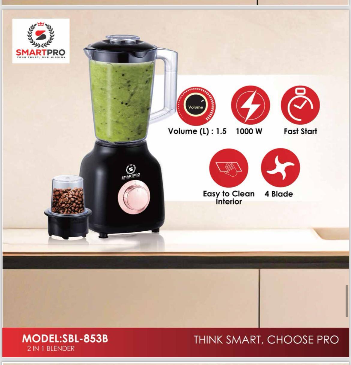 SmartPro 1.5L Multifunctional 2 In 1 Blender SBL-853B Powerful 4 Speed Motor Countertop Blender with Grinding Machine and Coffee Mill Fruit Juicer with 5 Cupjar and Super Sharp Stainless Steel Blades